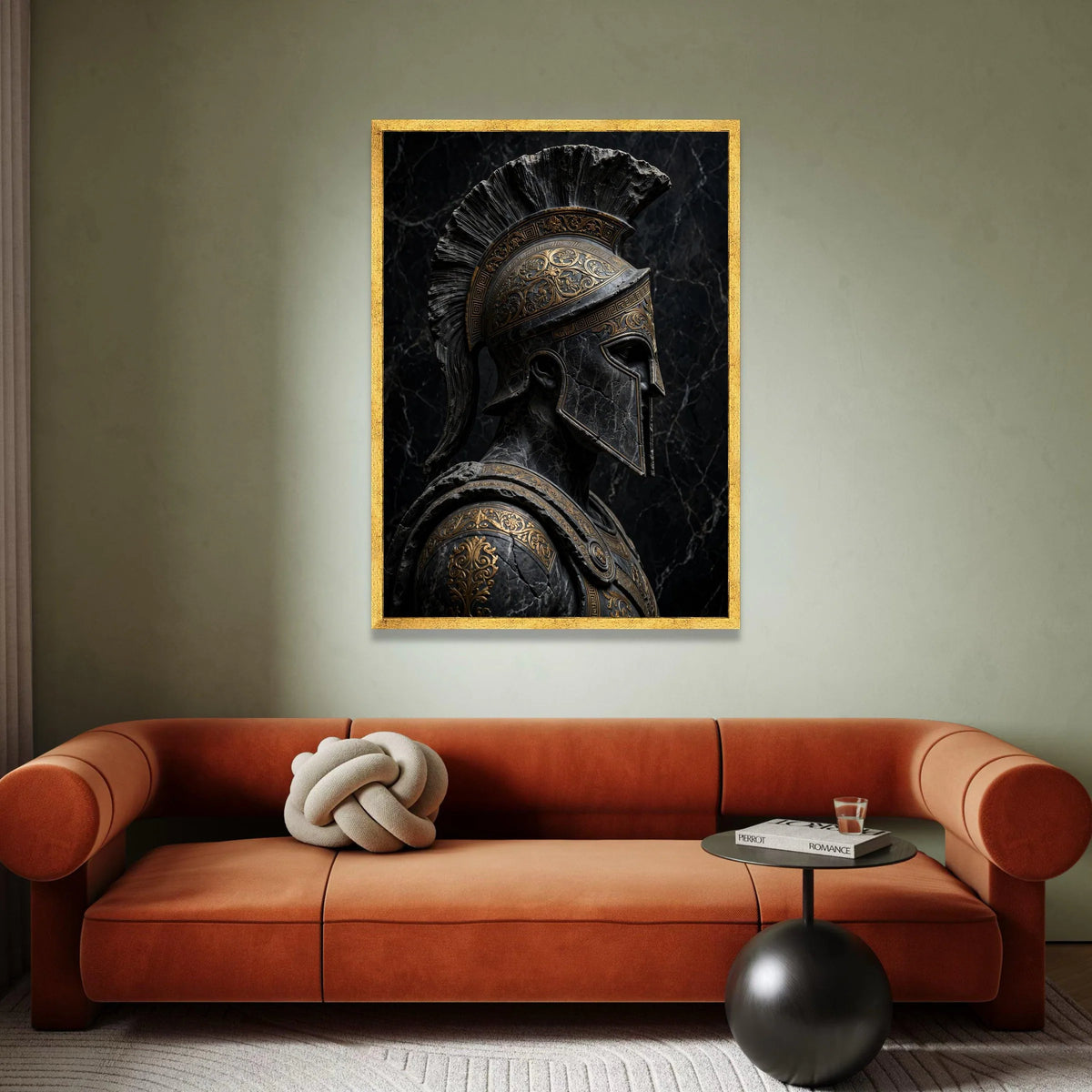 Ancient Spartan Warrior Helmet Canvas, Greek Armor Portrait, Historic Military Wall Art, Detailed Metalwork Design, Dark Canvas Print Art