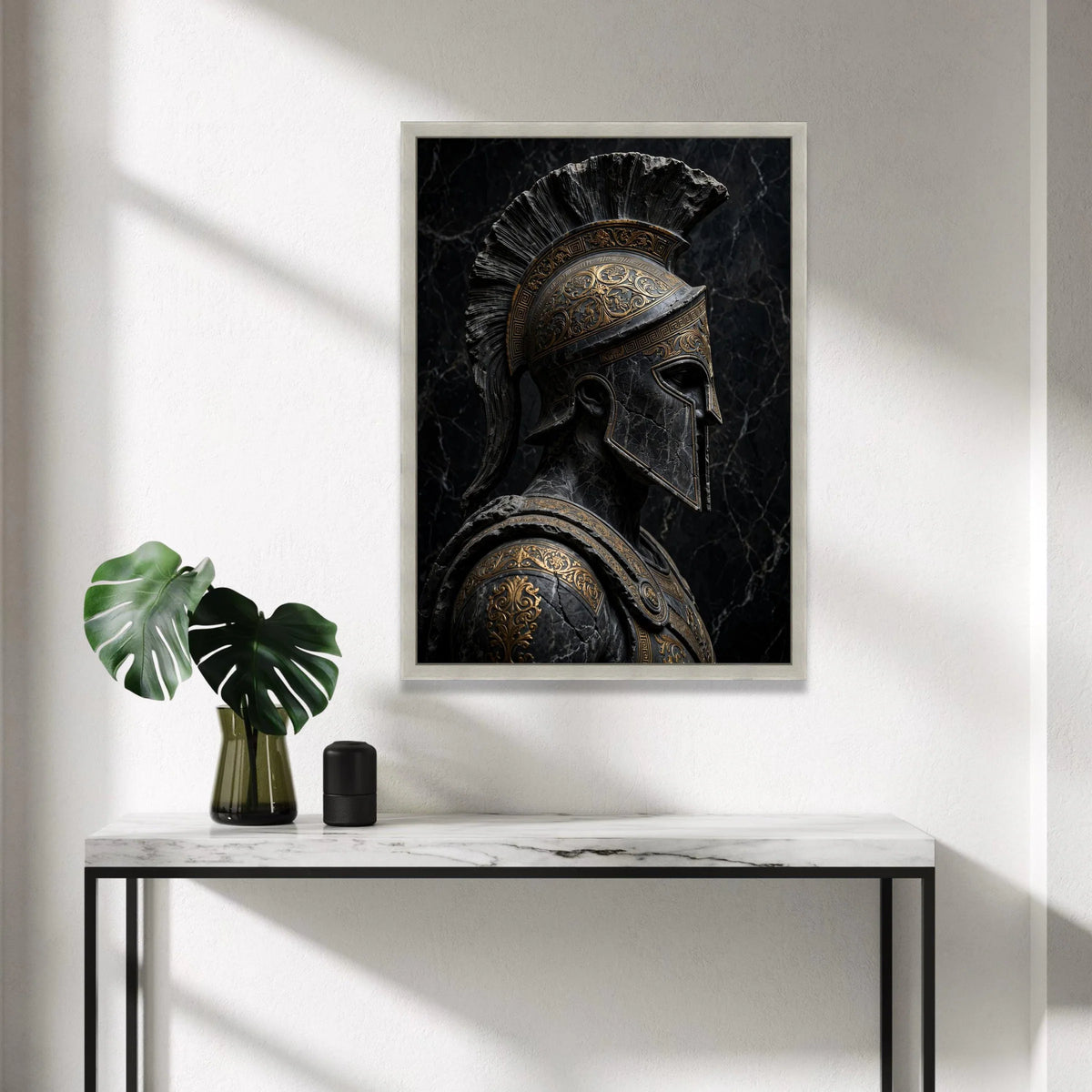 Ancient Spartan Warrior Helmet Canvas, Greek Armor Portrait, Historic Military Wall Art, Detailed Metalwork Design, Dark Canvas Print Art