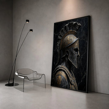Ancient Spartan Warrior Helmet Canvas, Greek Armor Portrait, Historic Military Wall Art, Detailed Metalwork Design, Dark Canvas Print Art