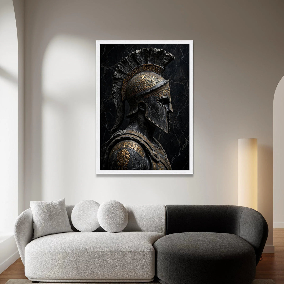 Ancient Spartan Warrior Helmet Canvas, Greek Armor Portrait, Historic Military Wall Art, Detailed Metalwork Design, Dark Canvas Print Art