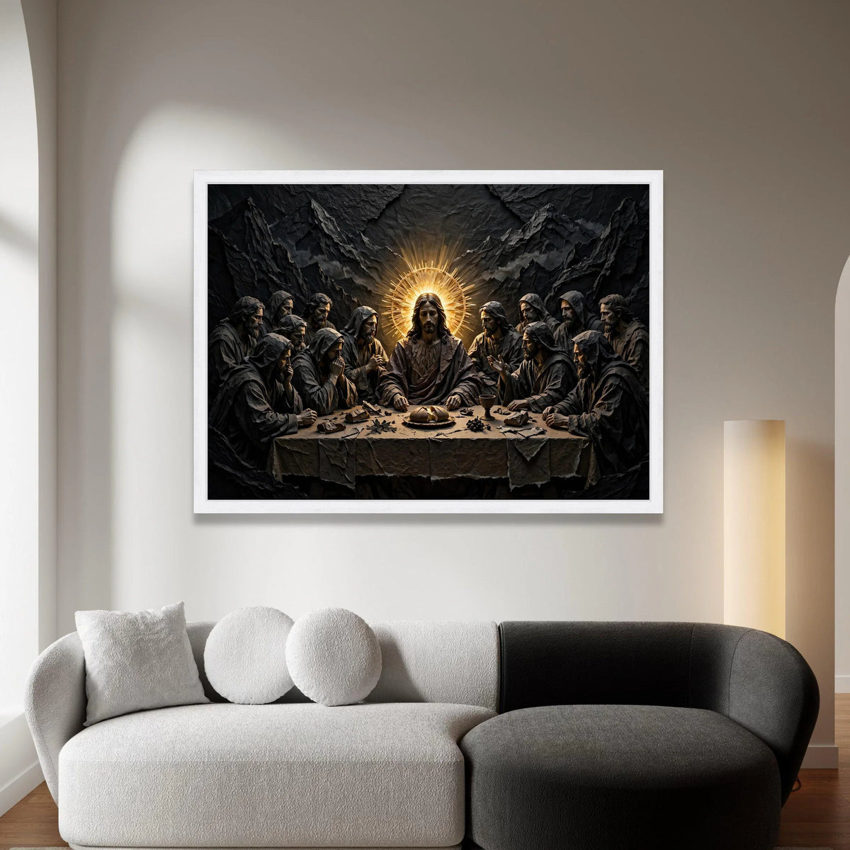 The Last Supper Scene Canvas Wall Art, Religious Jesus Christ Decor, Spiritual Apostles Painting, Illuminated Halo Design, Canvas Print Art