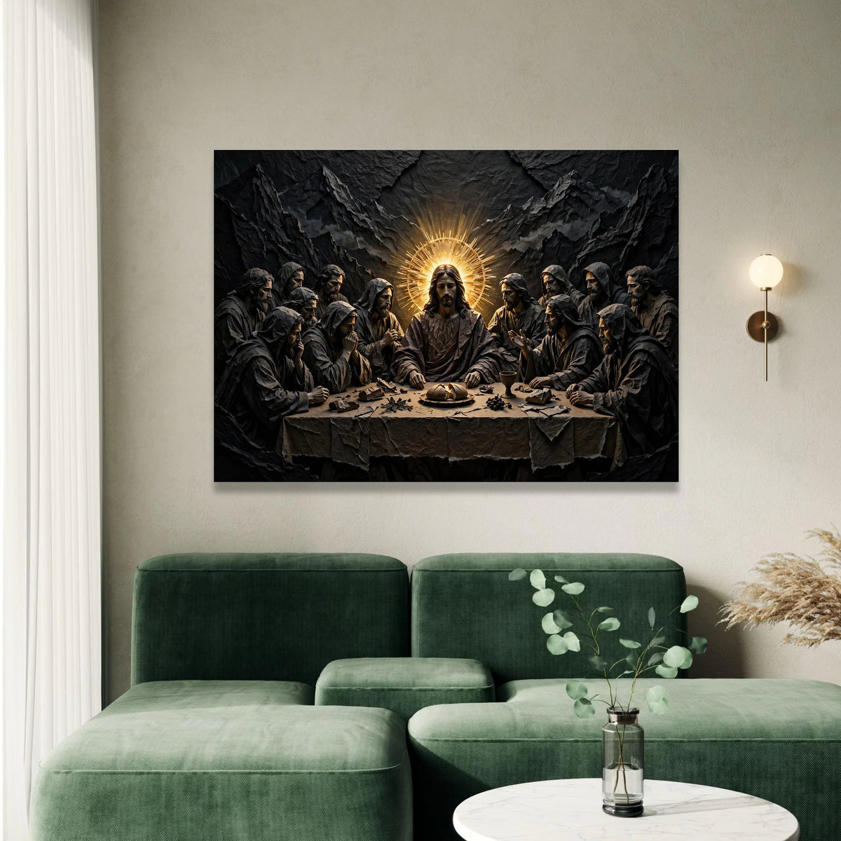 The Last Supper Scene Canvas Wall Art, Religious Jesus Christ Decor, Spiritual Apostles Painting, Illuminated Halo Design, Canvas Print Art