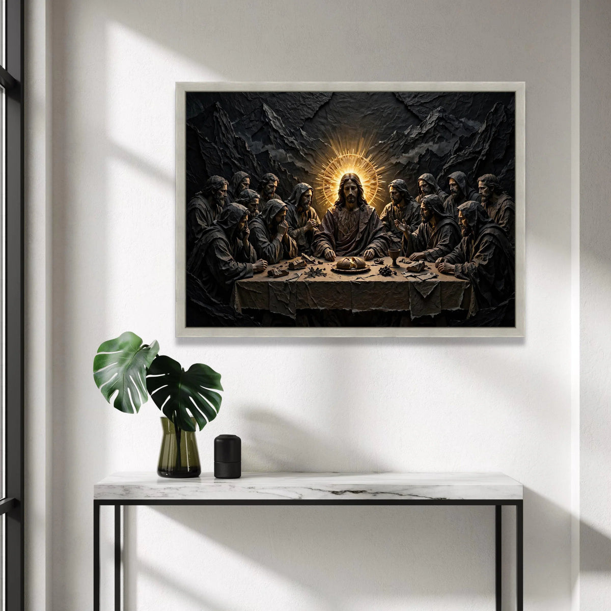 The Last Supper Scene Canvas Wall Art, Religious Jesus Christ Decor, Spiritual Apostles Painting, Illuminated Halo Design, Canvas Print Art