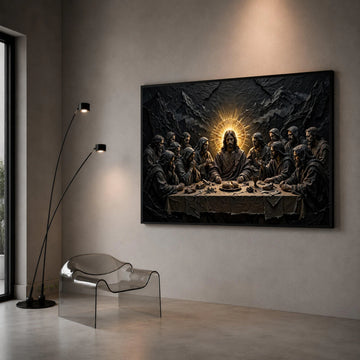 The Last Supper Scene Canvas Wall Art, Religious Jesus Christ Decor, Spiritual Apostles Painting, Illuminated Halo Design, Canvas Print Art