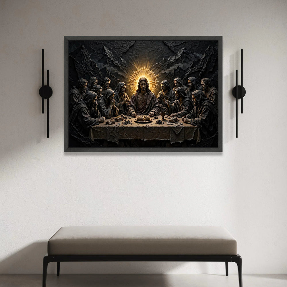 The Last Supper Scene Canvas Wall Art, Religious Jesus Christ Decor, Spiritual Apostles Painting, Illuminated Halo Design, Canvas Print Art