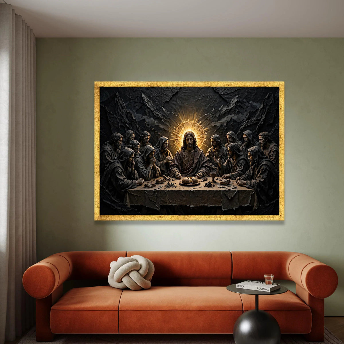 The Last Supper Scene Canvas Wall Art, Religious Jesus Christ Decor, Spiritual Apostles Painting, Illuminated Halo Design, Canvas Print Art
