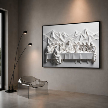 The Last Supper Paper Art Canvas Wall Art, Religious Christian Decor, Spiritual Table Scene, Minimalist White Sculpture Canvas Print Art