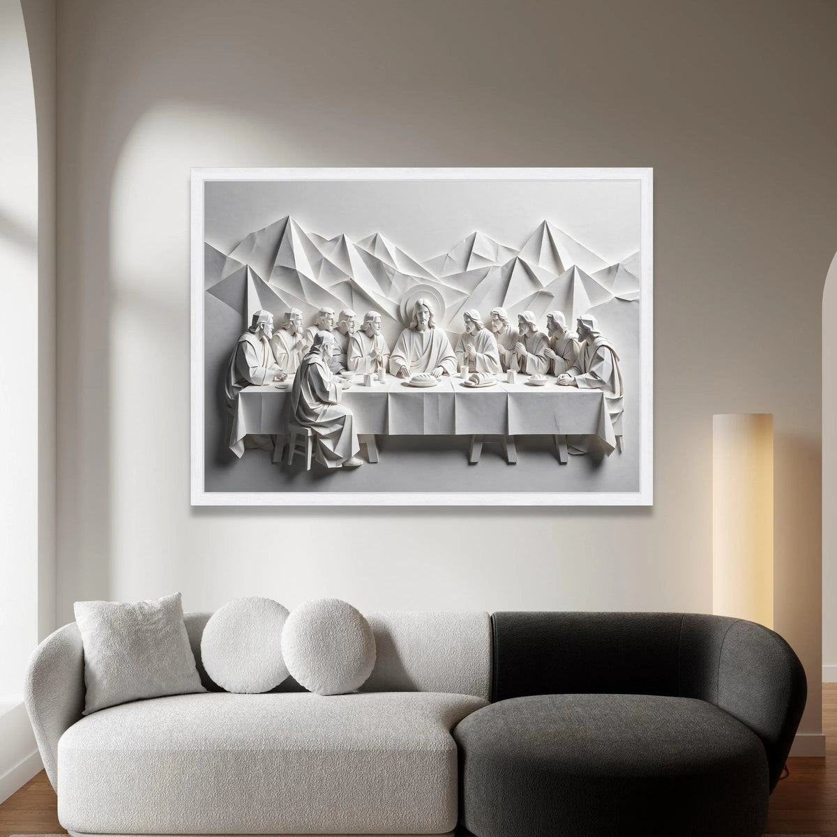 The Last Supper Paper Art Canvas Wall Art, Religious Christian Decor, Spiritual Table Scene, Minimalist White Sculpture Canvas Print Art