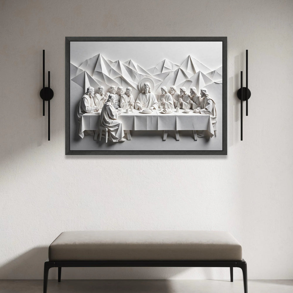 The Last Supper Paper Art Canvas Wall Art, Religious Christian Decor, Spiritual Table Scene, Minimalist White Sculpture Canvas Print Art