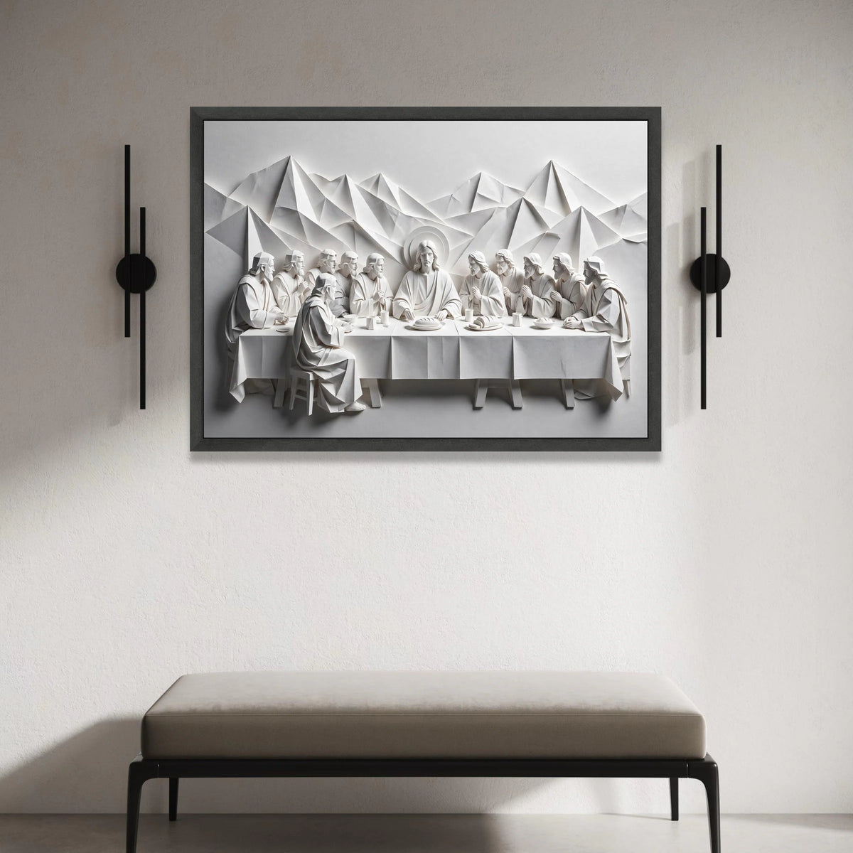 The Last Supper Paper Art Canvas Wall Art, Religious Christian Decor, Spiritual Table Scene, Minimalist White Sculpture Canvas Print Art