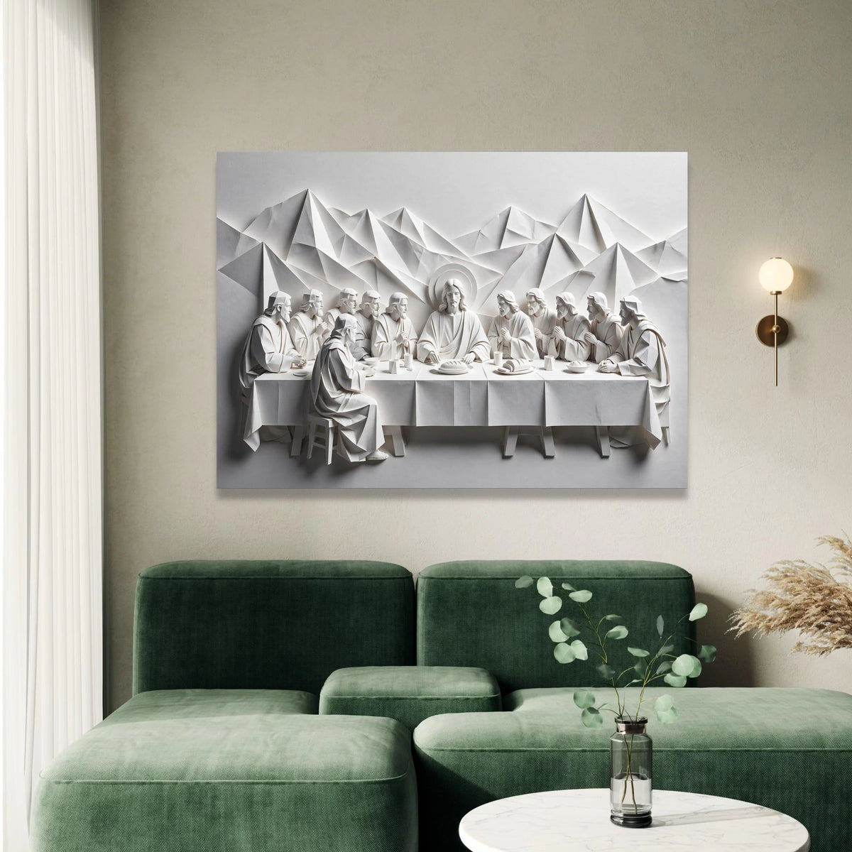 The Last Supper Paper Art Canvas Wall Art, Religious Christian Decor, Spiritual Table Scene, Minimalist White Sculpture Canvas Print Art