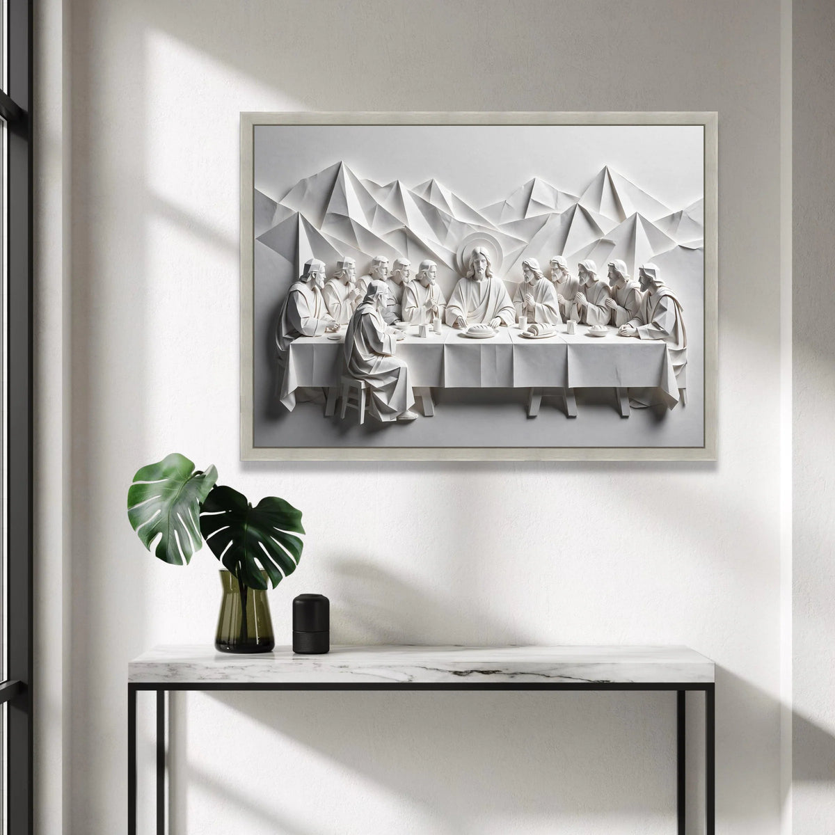 The Last Supper Paper Art Canvas Wall Art, Religious Christian Decor, Spiritual Table Scene, Minimalist White Sculpture Canvas Print Art