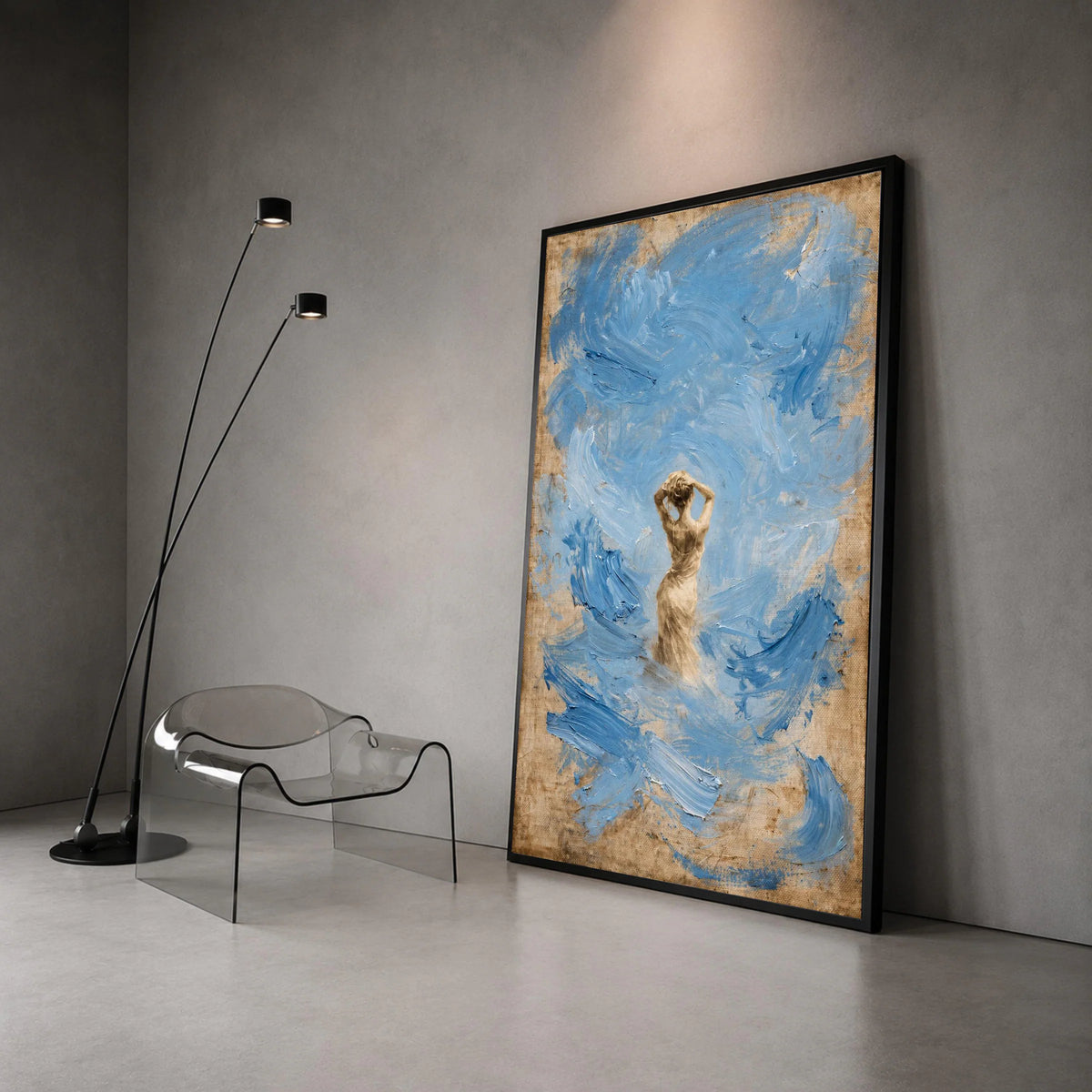 Elegant Woman Silhouette Canvas, Blue Abstract Swirl Background, Modern Figurative Wall Art, Contemporary Home Decoration Canvas Print Art