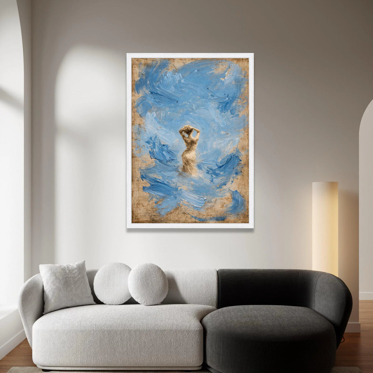 Elegant Woman Silhouette Canvas, Blue Abstract Swirl Background, Modern Figurative Wall Art, Contemporary Home Decoration Canvas Print Art