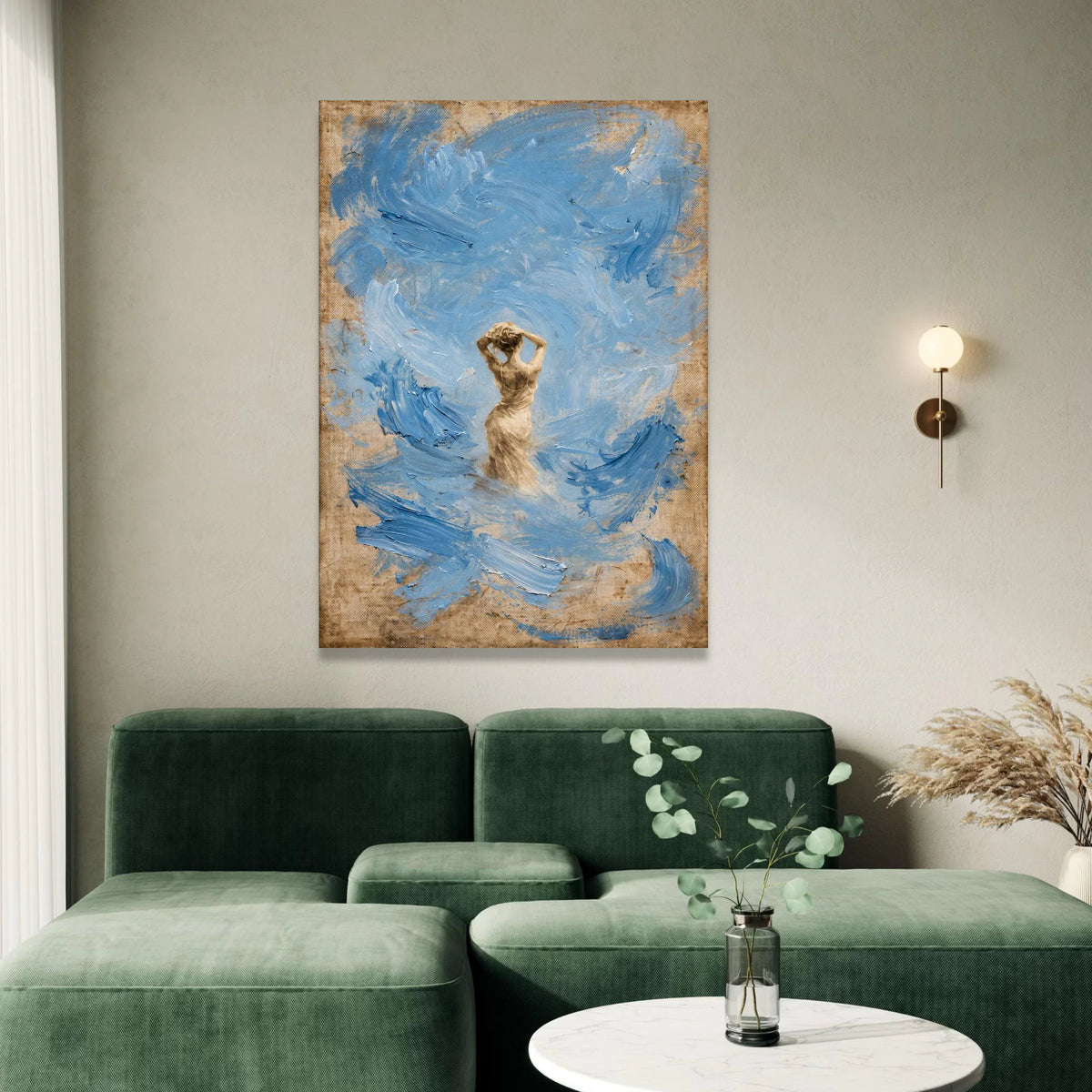 Elegant Woman Silhouette Canvas, Blue Abstract Swirl Background, Modern Figurative Wall Art, Contemporary Home Decoration Canvas Print Art