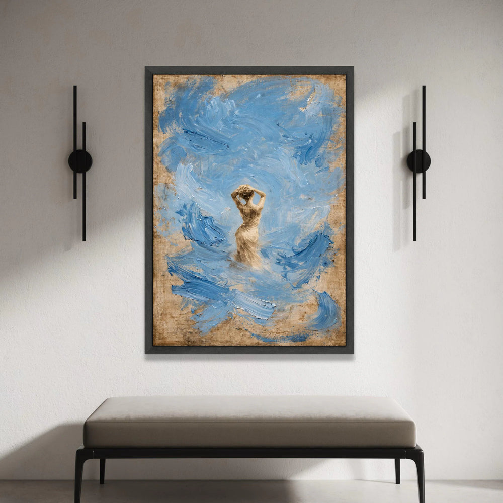 Elegant Woman Silhouette Canvas, Blue Abstract Swirl Background, Modern Figurative Wall Art, Contemporary Home Decoration Canvas Print Art