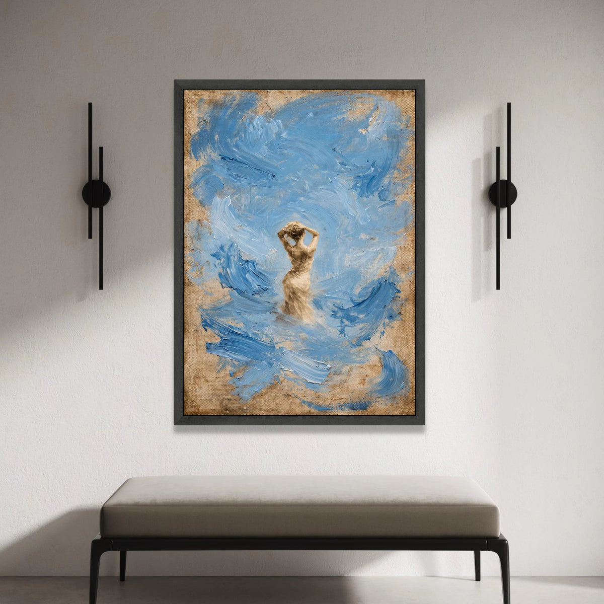 Elegant Woman Silhouette Canvas, Blue Abstract Swirl Background, Modern Figurative Wall Art, Contemporary Home Decoration Canvas Print Art