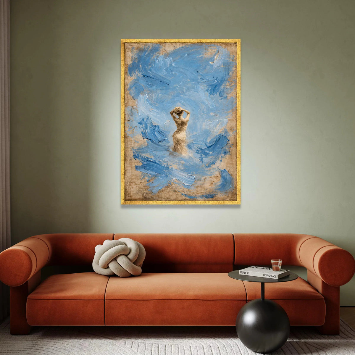 Elegant Woman Silhouette Canvas, Blue Abstract Swirl Background, Modern Figurative Wall Art, Contemporary Home Decoration Canvas Print Art