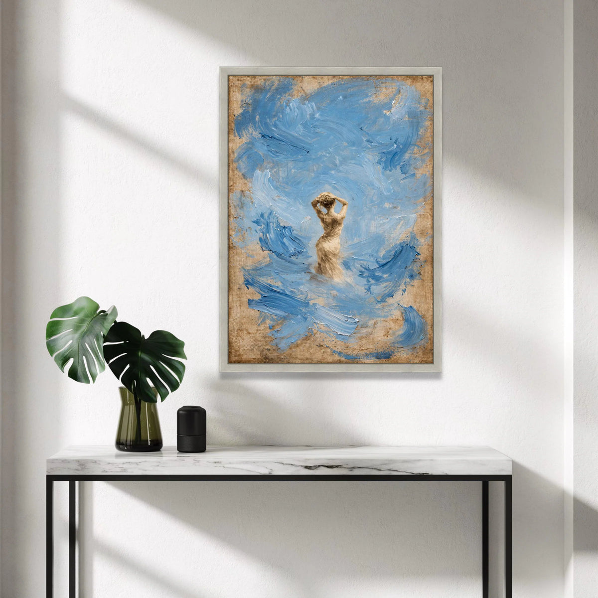 Elegant Woman Silhouette Canvas, Blue Abstract Swirl Background, Modern Figurative Wall Art, Contemporary Home Decoration Canvas Print Art