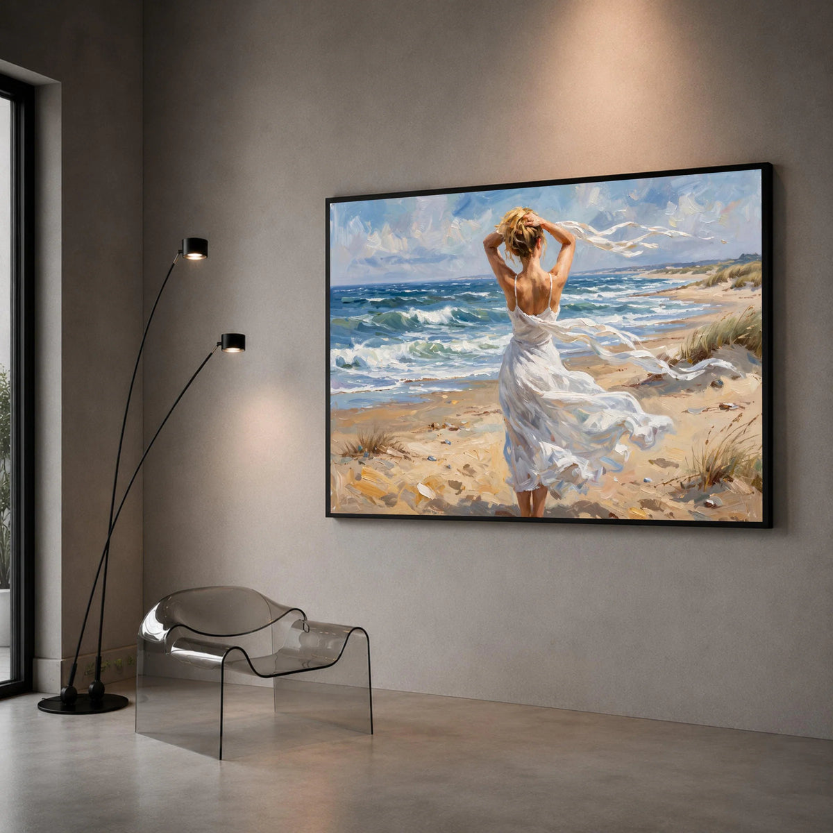 Woman White Dress on Windy Beach Canvas, Seaside Landscape Art, Ocean Waves Wall Decor, Coastal Canvas Painting, Home Wall Canvas Print Art