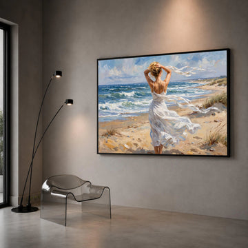 Woman White Dress on Windy Beach Canvas, Seaside Landscape Art, Ocean Waves Wall Decor, Coastal Canvas Painting, Home Wall Canvas Print Art