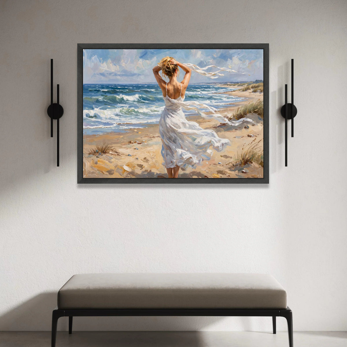 Woman White Dress on Windy Beach Canvas, Seaside Landscape Art, Ocean Waves Wall Decor, Coastal Canvas Painting, Home Wall Canvas Print Art