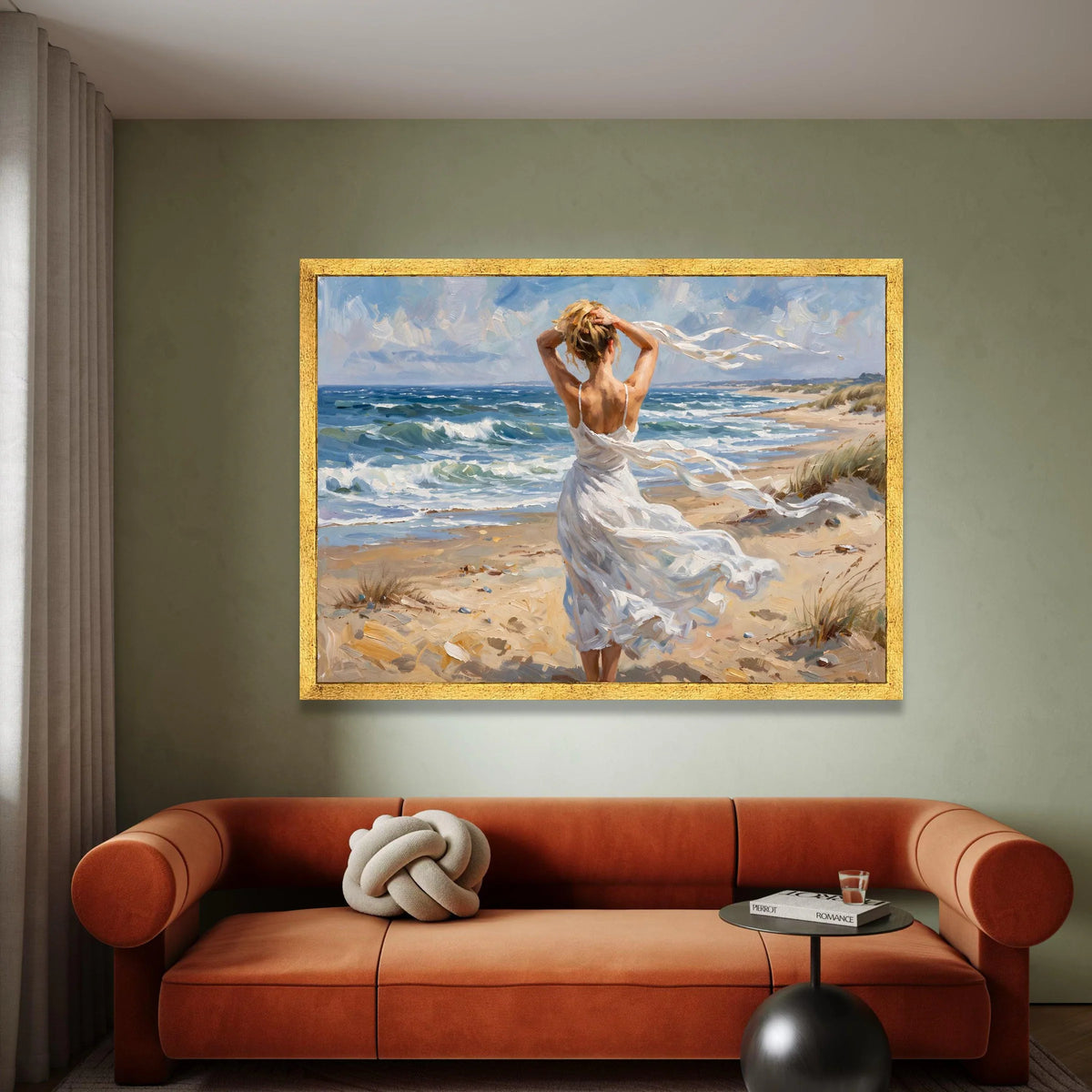 Woman White Dress on Windy Beach Canvas, Seaside Landscape Art, Ocean Waves Wall Decor, Coastal Canvas Painting, Home Wall Canvas Print Art