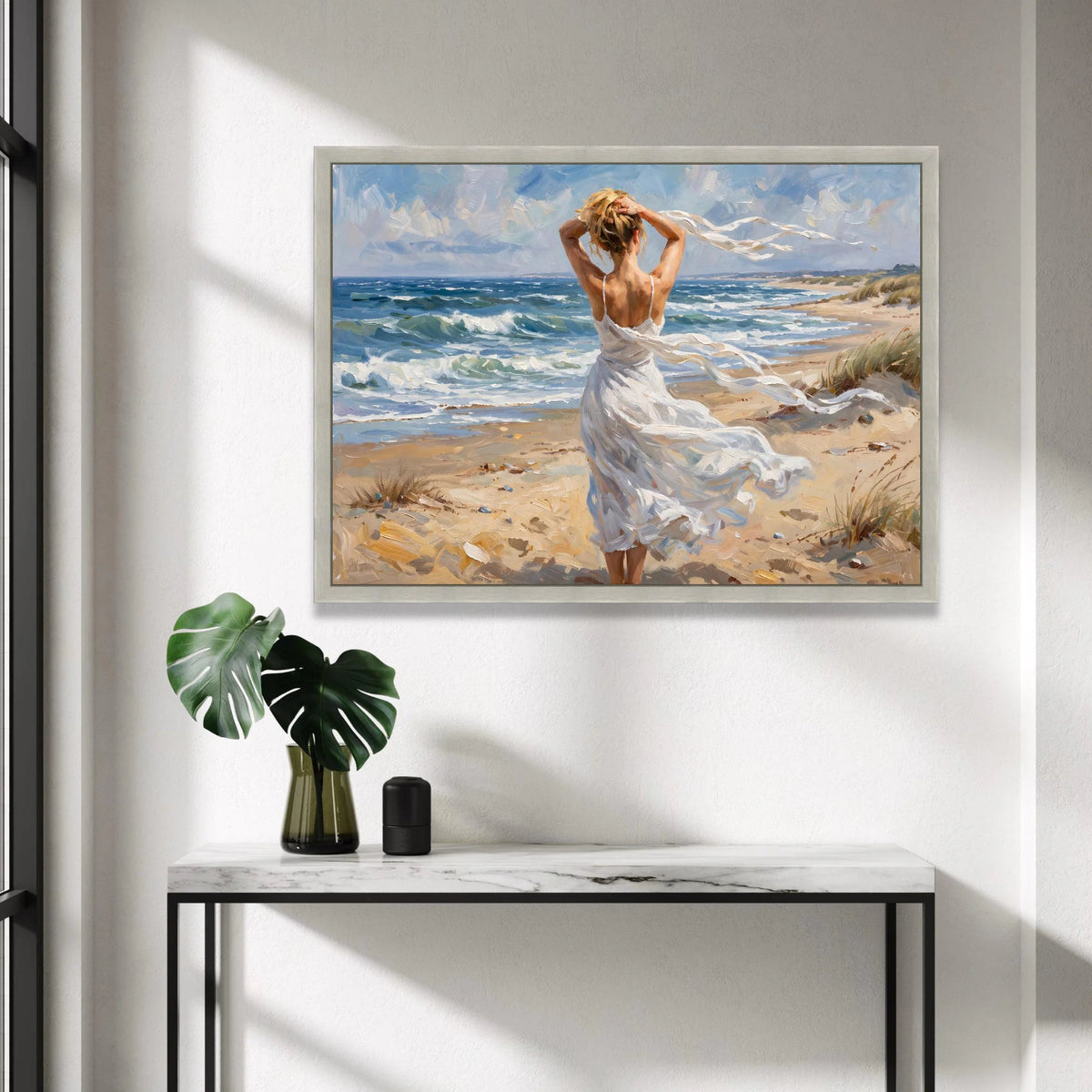 Woman White Dress on Windy Beach Canvas, Seaside Landscape Art, Ocean Waves Wall Decor, Coastal Canvas Painting, Home Wall Canvas Print Art