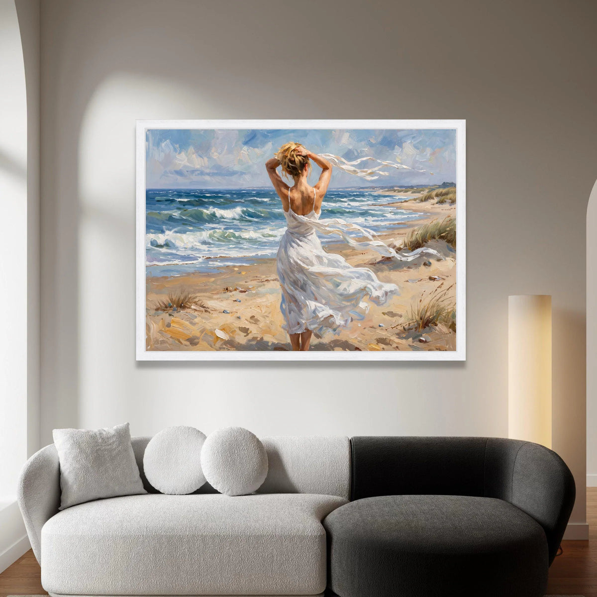 Woman White Dress on Windy Beach Canvas, Seaside Landscape Art, Ocean Waves Wall Decor, Coastal Canvas Painting, Home Wall Canvas Print Art