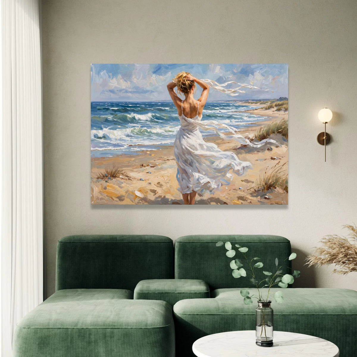 Woman White Dress on Windy Beach Canvas, Seaside Landscape Art, Ocean Waves Wall Decor, Coastal Canvas Painting, Home Wall Canvas Print Art