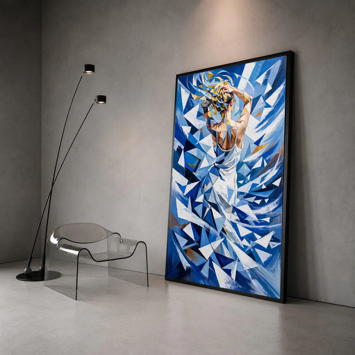 Abstract Woman White Dress Canvas, Geometric Blue Art, Modern Figurative Wall Art, Contemporary Home Decoration Canvas Print Art