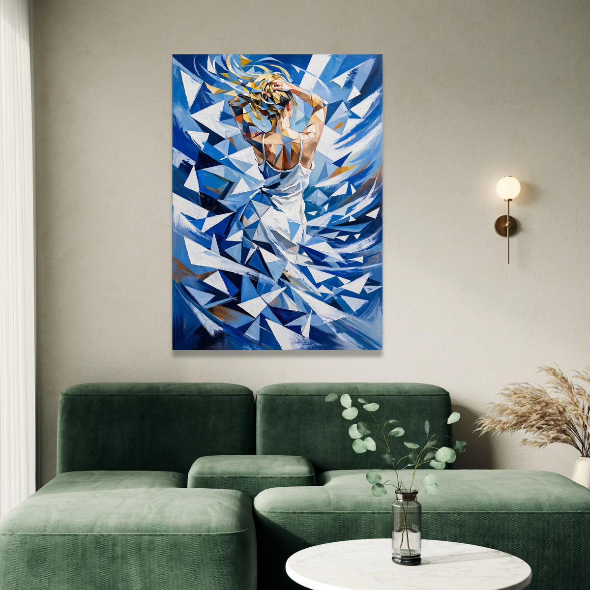 Abstract Woman White Dress Canvas, Geometric Blue Art, Modern Figurative Wall Art, Contemporary Home Decoration Canvas Print Art