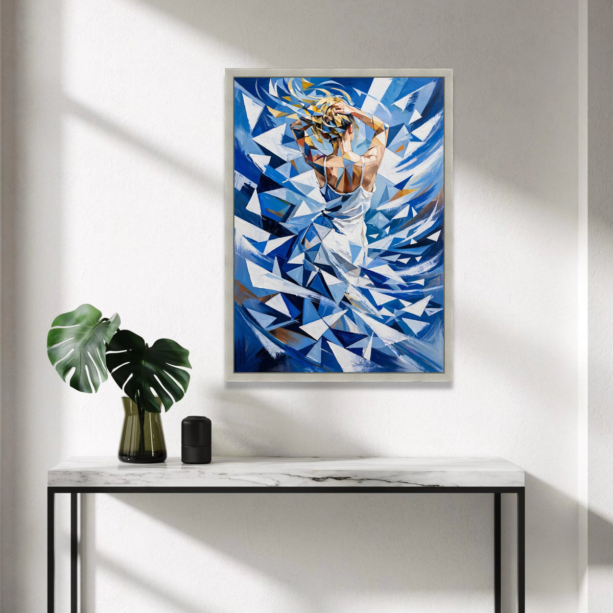 Abstract Woman White Dress Canvas, Geometric Blue Art, Modern Figurative Wall Art, Contemporary Home Decoration Canvas Print Art