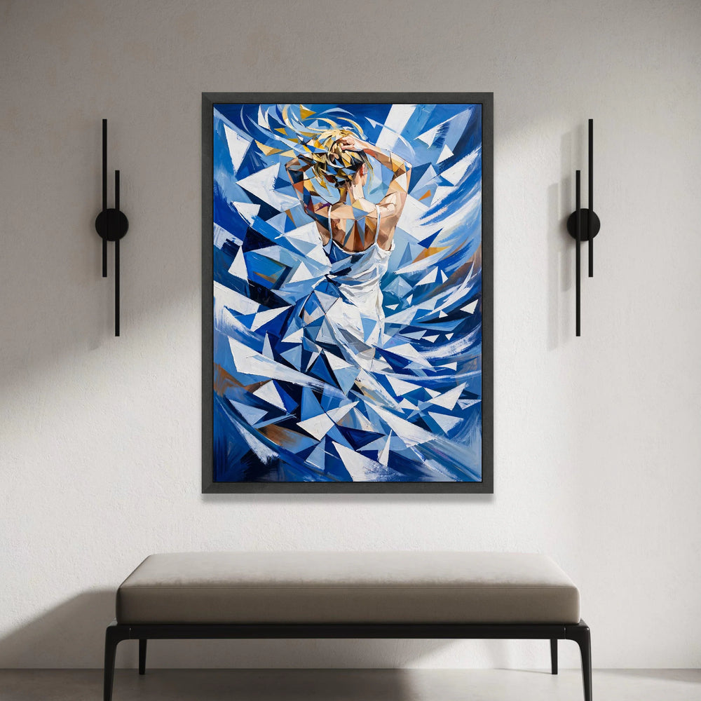 Abstract Woman White Dress Canvas, Geometric Blue Art, Modern Figurative Wall Art, Contemporary Home Decoration Canvas Print Art