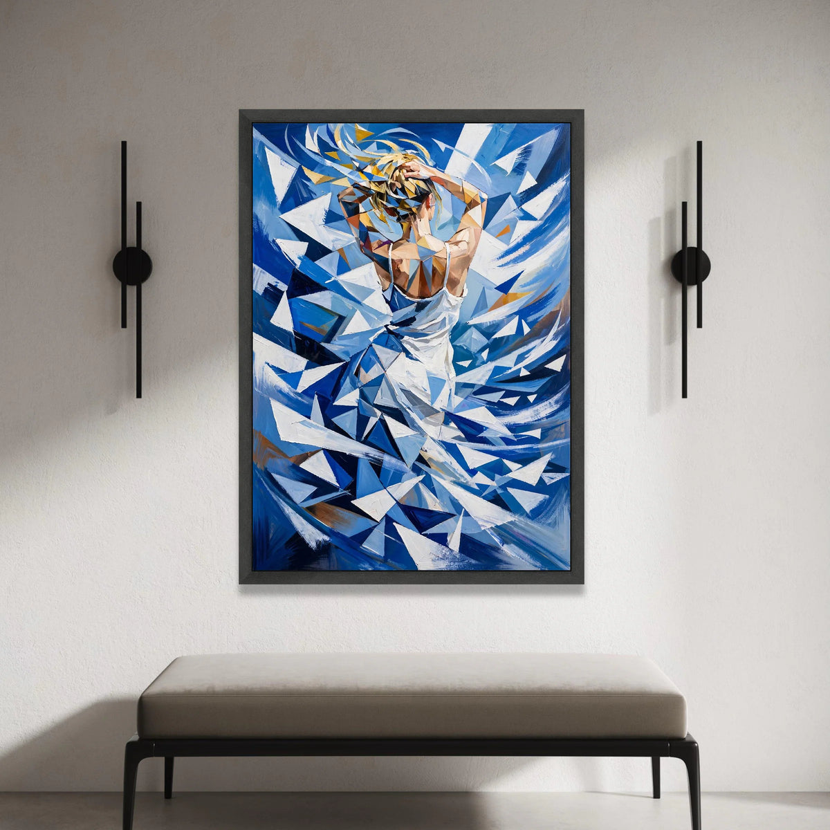 Abstract Woman White Dress Canvas, Geometric Blue Art, Modern Figurative Wall Art, Contemporary Home Decoration Canvas Print Art