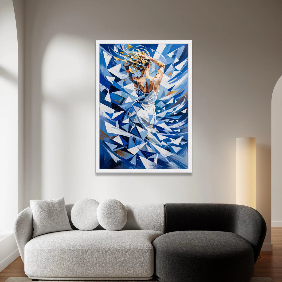 Abstract Woman White Dress Canvas, Geometric Blue Art, Modern Figurative Wall Art, Contemporary Home Decoration Canvas Print Art