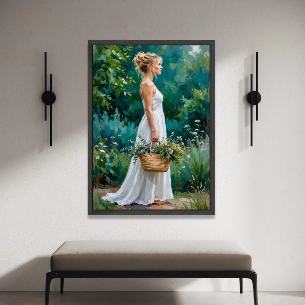 Woman White Dress with Floral Basket Canvas, Garden Portrait Wall Art, Romantic Nature Scene, Decorative Canvas Print, Canvas Print Art