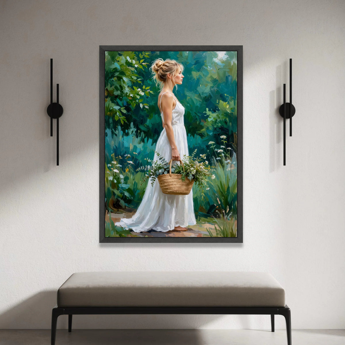 Woman White Dress with Floral Basket Canvas, Garden Portrait Wall Art, Romantic Nature Scene, Decorative Canvas Print, Canvas Print Art