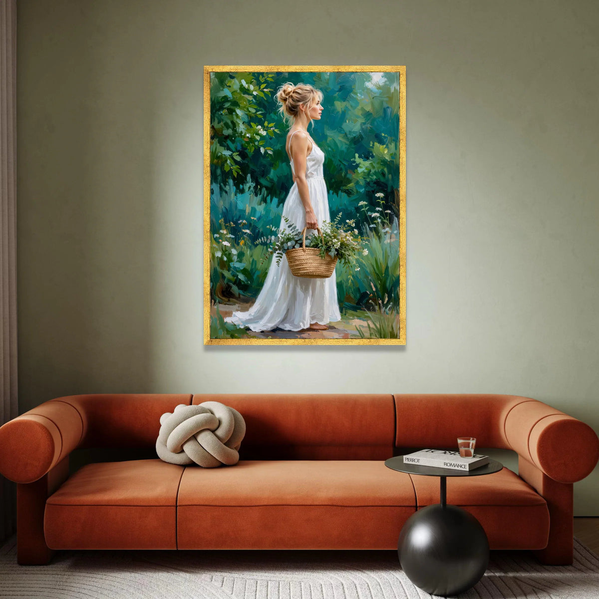 Woman White Dress with Floral Basket Canvas, Garden Portrait Wall Art, Romantic Nature Scene, Decorative Canvas Print, Canvas Print Art