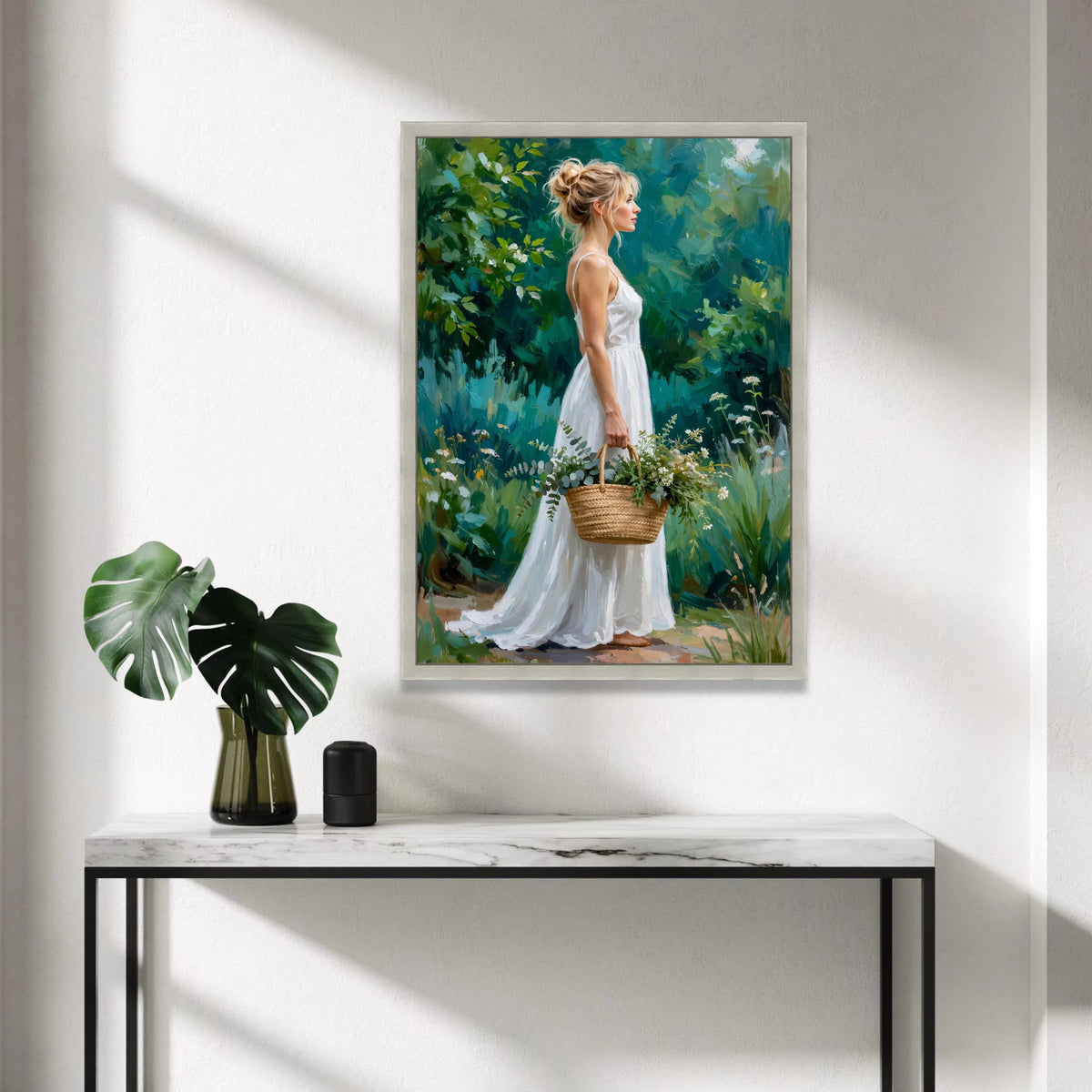 Woman White Dress with Floral Basket Canvas, Garden Portrait Wall Art, Romantic Nature Scene, Decorative Canvas Print, Canvas Print Art