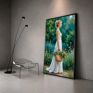 Woman White Dress with Floral Basket Canvas, Garden Portrait Wall Art, Romantic Nature Scene, Decorative Canvas Print, Canvas Print Art