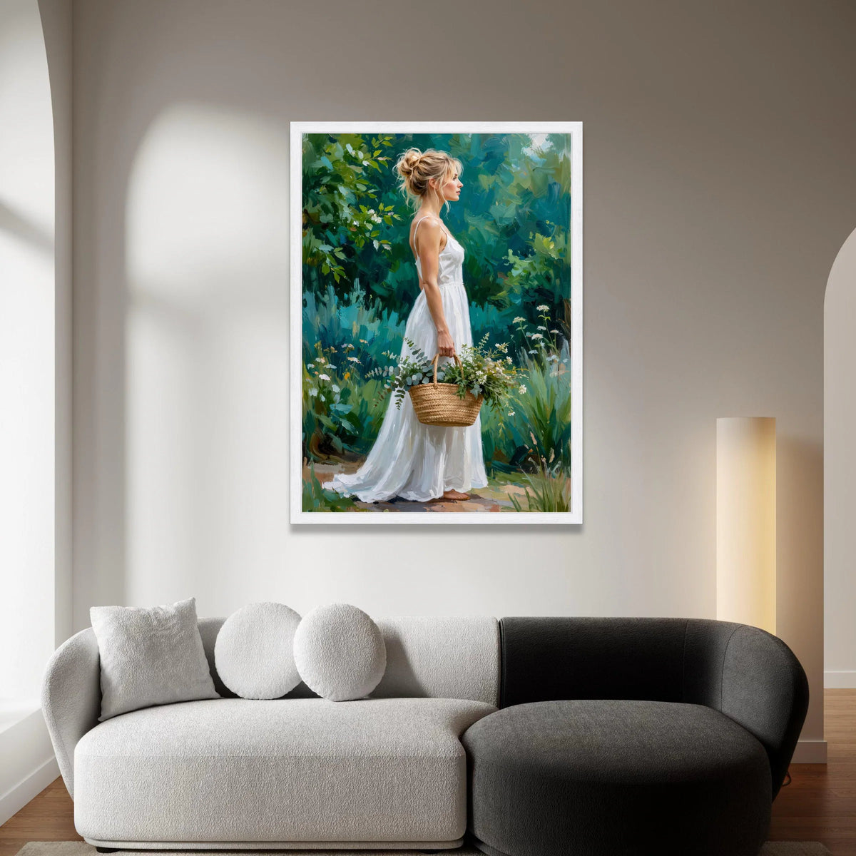 Woman White Dress with Floral Basket Canvas, Garden Portrait Wall Art, Romantic Nature Scene, Decorative Canvas Print, Canvas Print Art