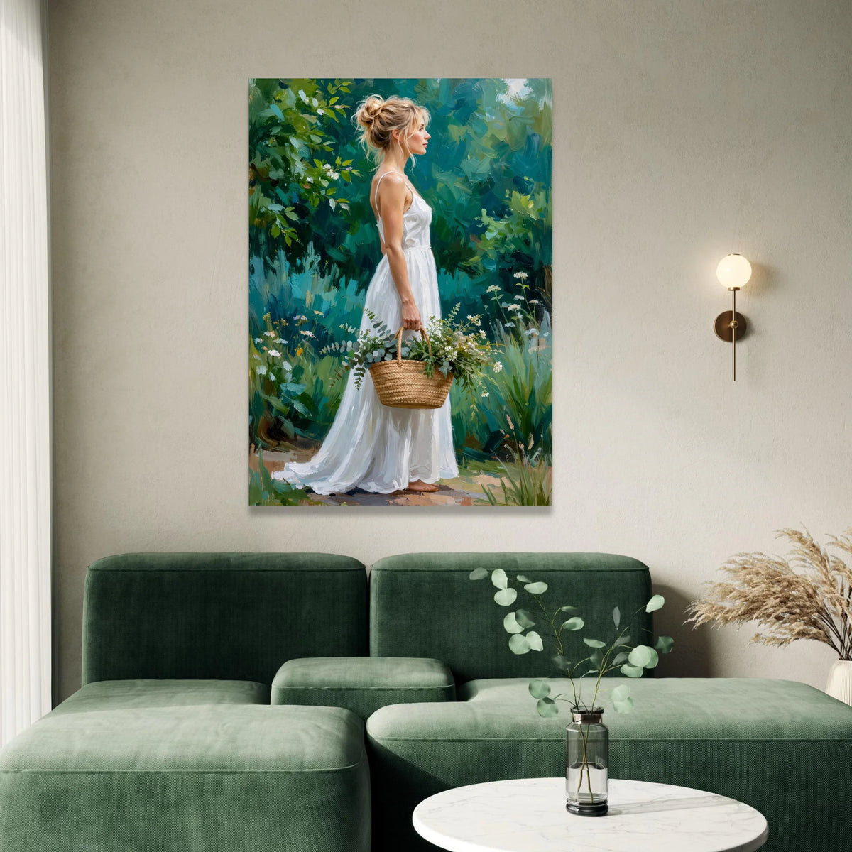 Woman White Dress with Floral Basket Canvas, Garden Portrait Wall Art, Romantic Nature Scene, Decorative Canvas Print, Canvas Print Art