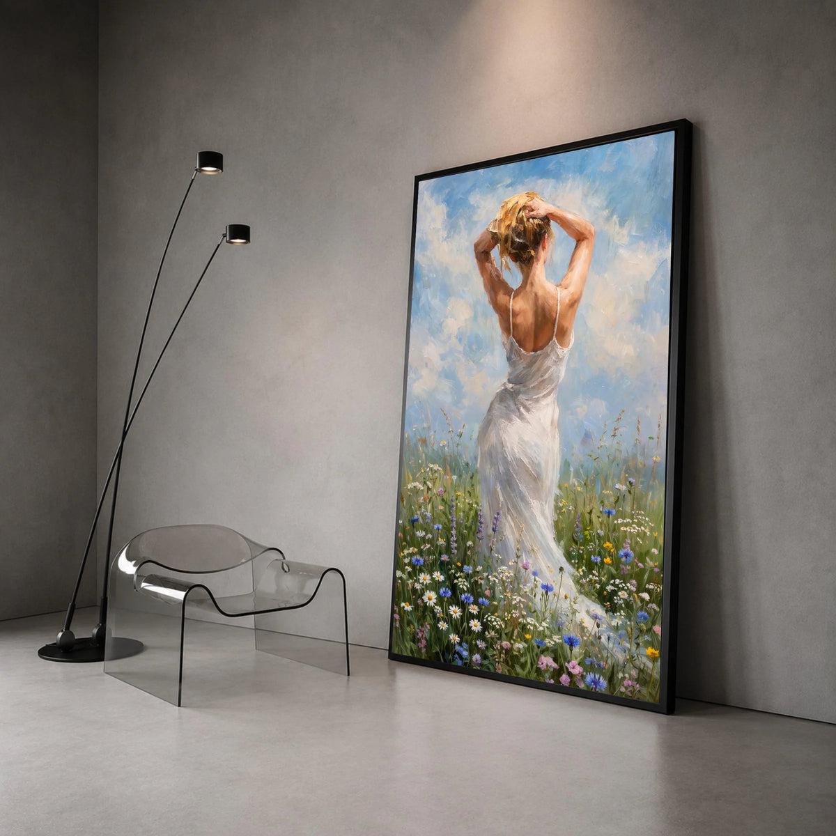 Woman White Dress Canvas, Meadow Floral Field Art, Rustic Nature Canvas Wall Art, Summer Sky Home Decoration Canvas Print Art