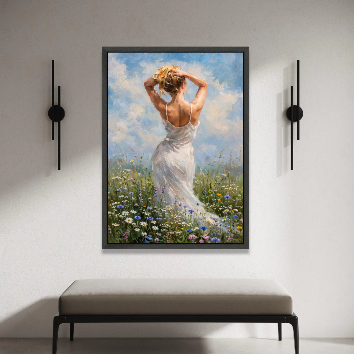 Woman White Dress Canvas, Meadow Floral Field Art, Rustic Nature Canvas Wall Art, Summer Sky Home Decoration Canvas Print Art