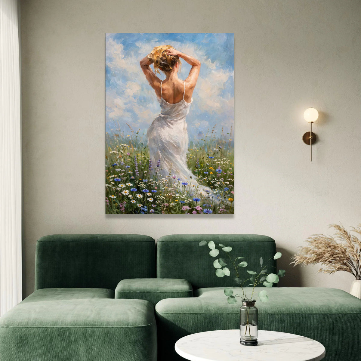 Woman White Dress Canvas, Meadow Floral Field Art, Rustic Nature Canvas Wall Art, Summer Sky Home Decoration Canvas Print Art