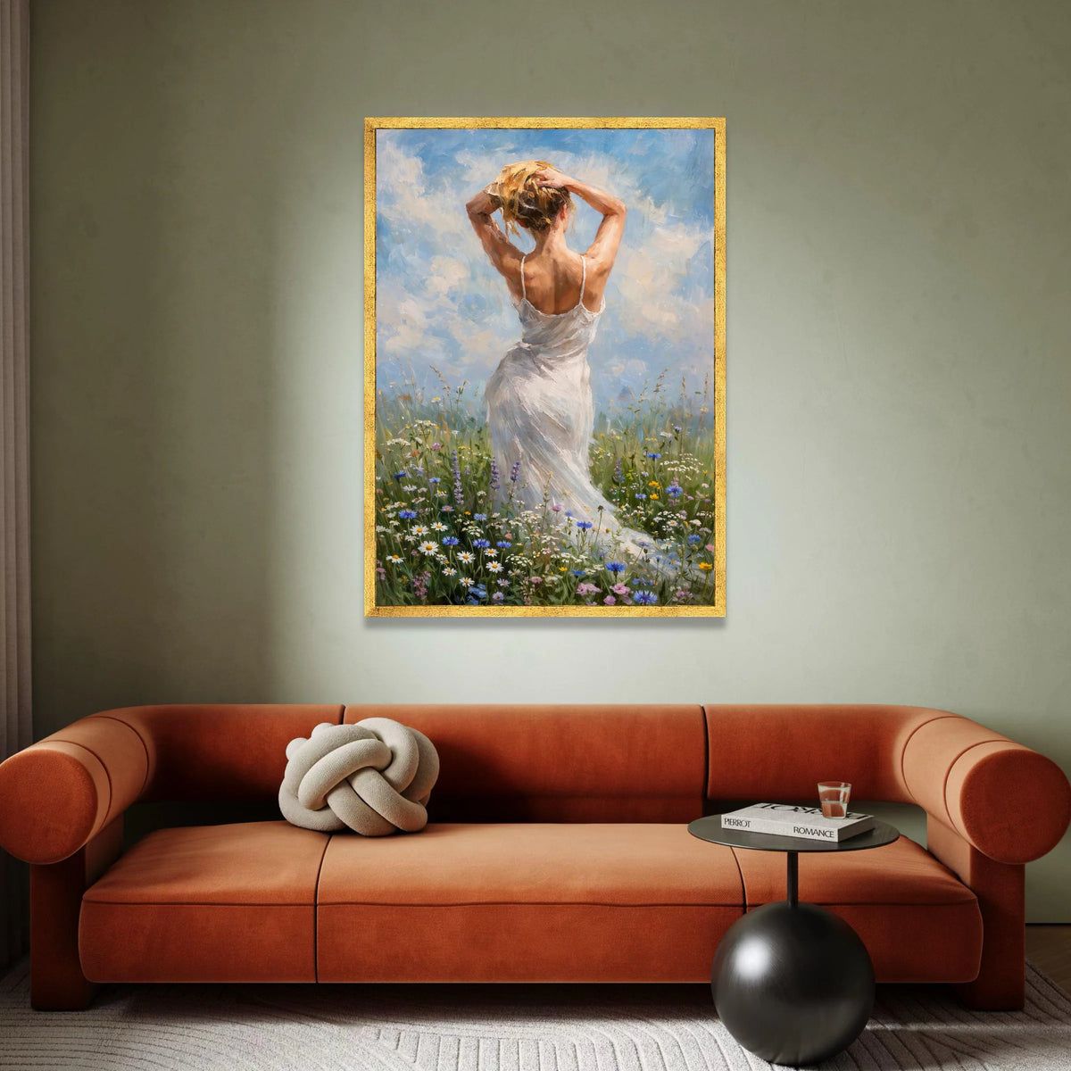 Woman White Dress Canvas, Meadow Floral Field Art, Rustic Nature Canvas Wall Art, Summer Sky Home Decoration Canvas Print Art
