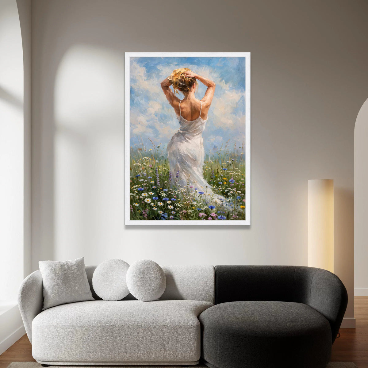 Woman White Dress Canvas, Meadow Floral Field Art, Rustic Nature Canvas Wall Art, Summer Sky Home Decoration Canvas Print Art