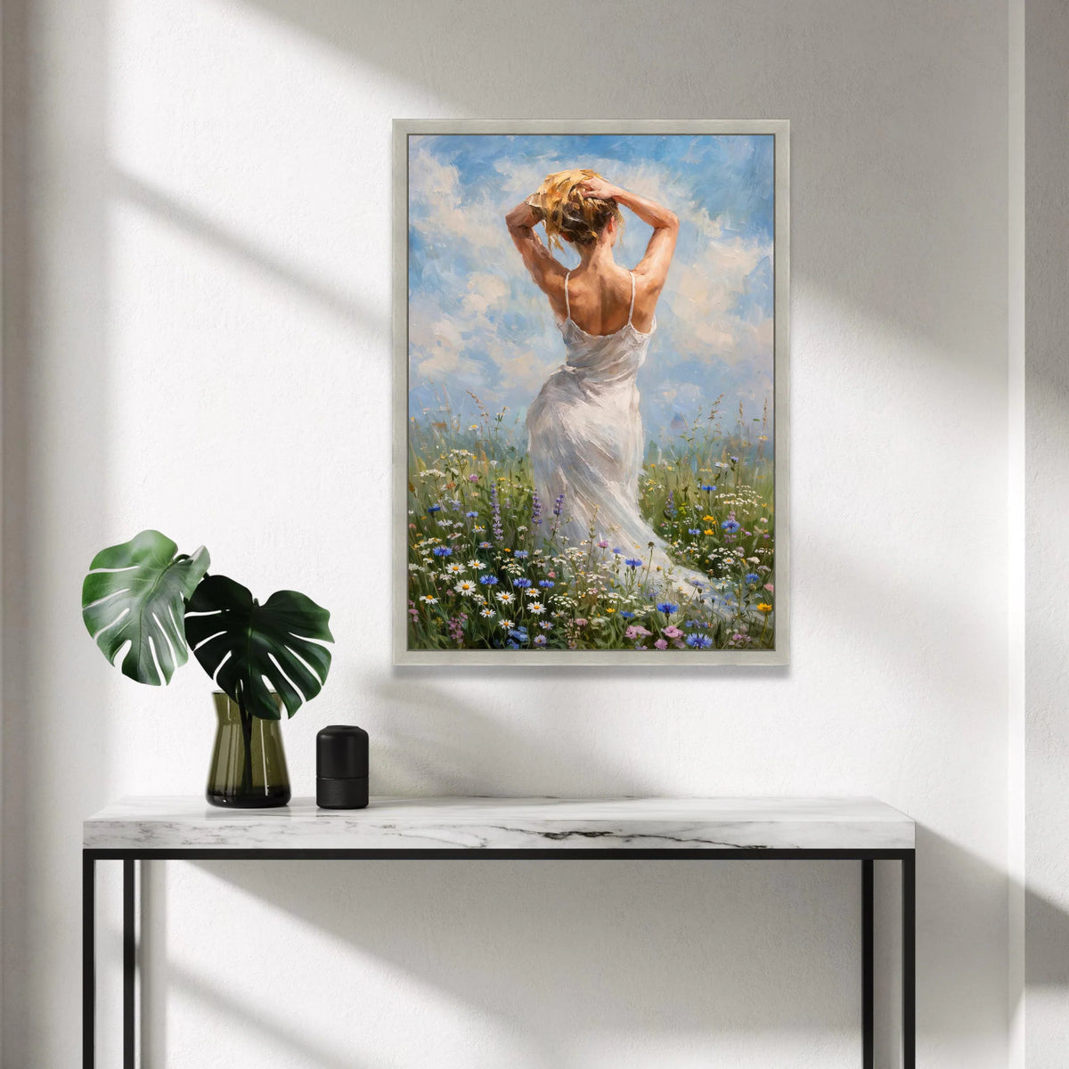 Woman White Dress Canvas, Meadow Floral Field Art, Rustic Nature Canvas Wall Art, Summer Sky Home Decoration Canvas Print Art