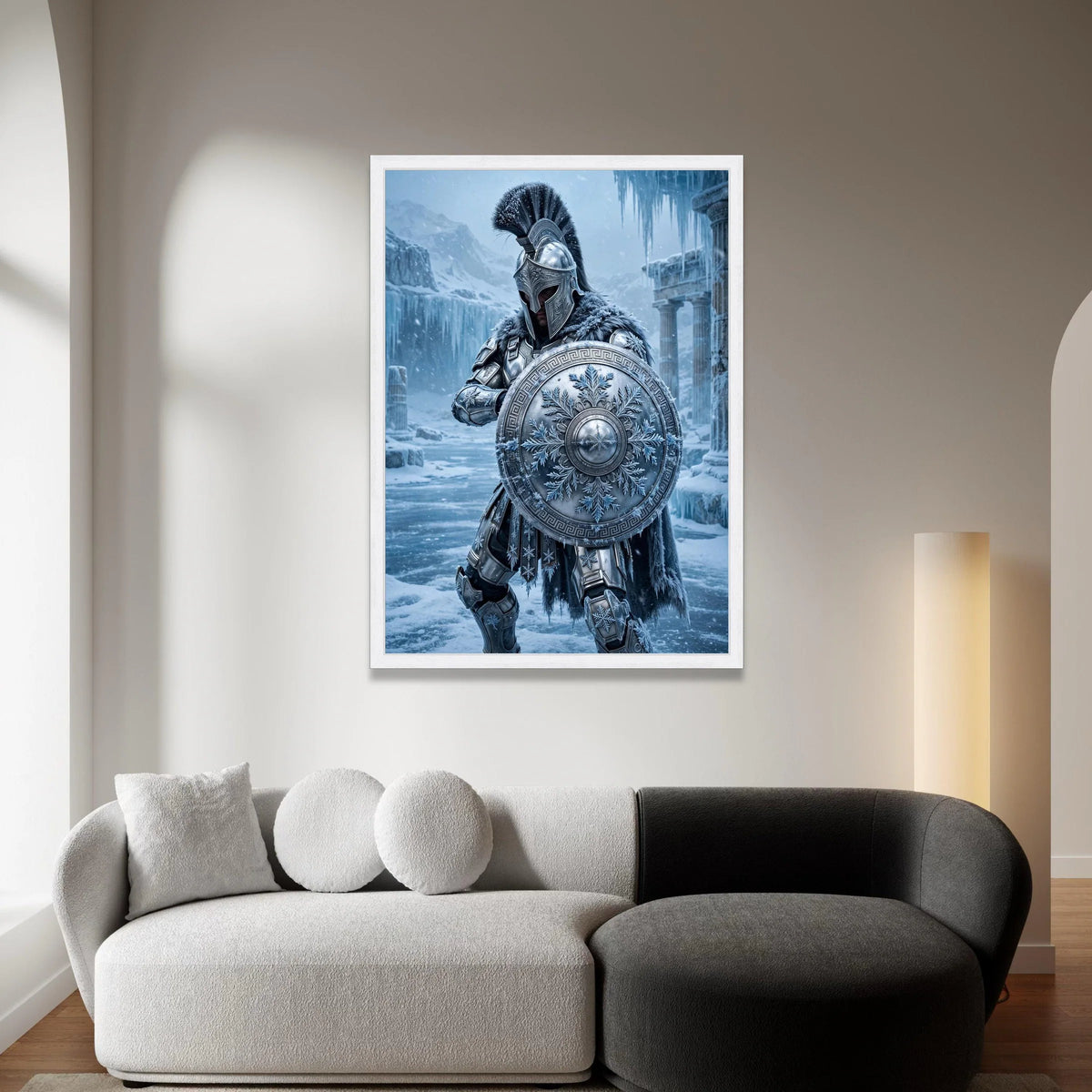 Frosted Spartan Warrior Canvas, Ice Age Armor Art, Snowy Battle Scene Wall Decor, Ancient Greece Shield Design, Winter Canvas Print Art